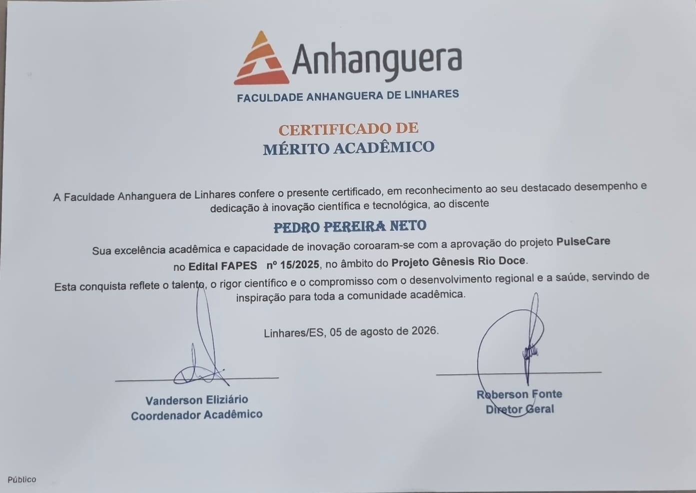 Certificado de M&eacute;rito Acad&ecirc;mico &mdash; Anhanguera de Linhares